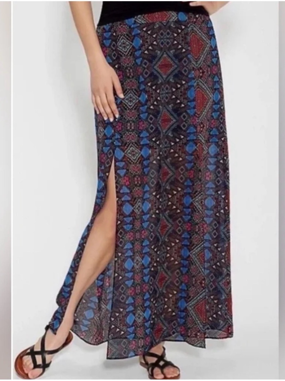 Maurices Blue and Red Geo Print Maxi Skirt with Side Slit